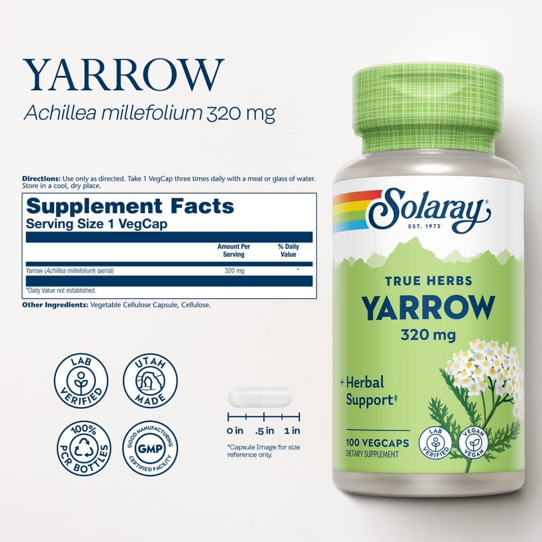 Solaray Yarrow 320 mg, Whole Aerial, Herbal Appetite and Gastrointestinal Function and Comfort Support, Lab Verified, 60-Day Money-Back Guarantee, 100 Servings, 100 VegCaps - Supplement Facts panel