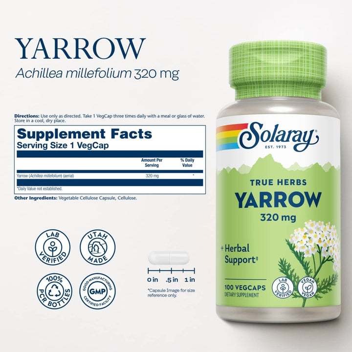 Solaray Yarrow 320 mg, Whole Aerial, Herbal Appetite and Gastrointestinal Function and Comfort Support, Lab Verified, 60-Day Money-Back Guarantee, 100 Servings, 100 VegCaps - Supplement Facts panel