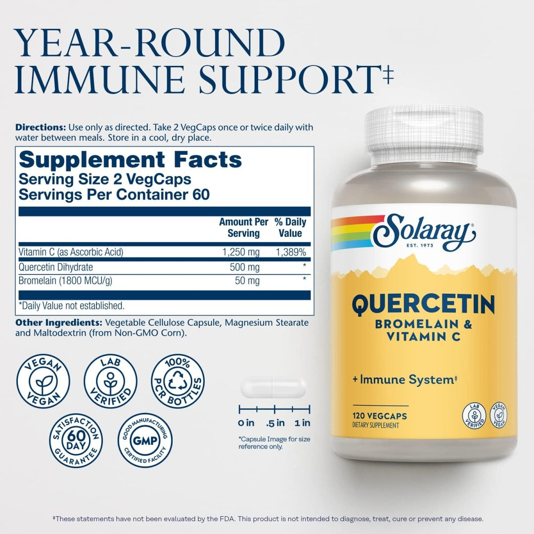Solaray QBC Plex | Quercetin &amp; Bromelain Plus Vitamin C | Year Round Immune Function &amp; Respiratory Health Support | Non-GMO &amp; Vegan | 120 VegCaps - Supplement Facts panel