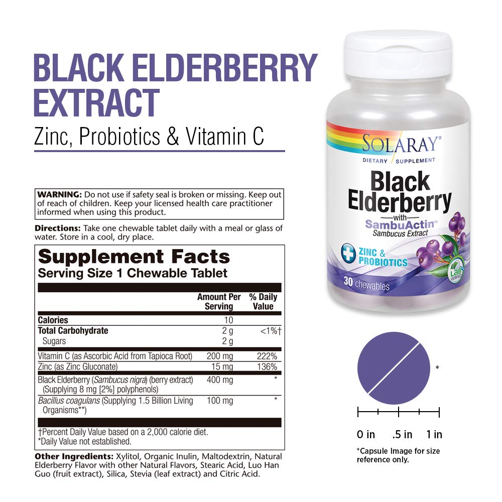 Solaray Black Elderberry Extract with Zinc, Probiotics &amp; Vitamin C | Healthy Immune System Support | 30 Chewable Tablets - Supplement Facts panel