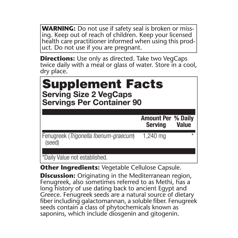 SOLARAY Fenugreek Seed 1240 mg, Healthy Digestion Support and More, Vegan and Lab Verified for Quality, 90 Servings, 180 VegCaps - Supplement Facts panel