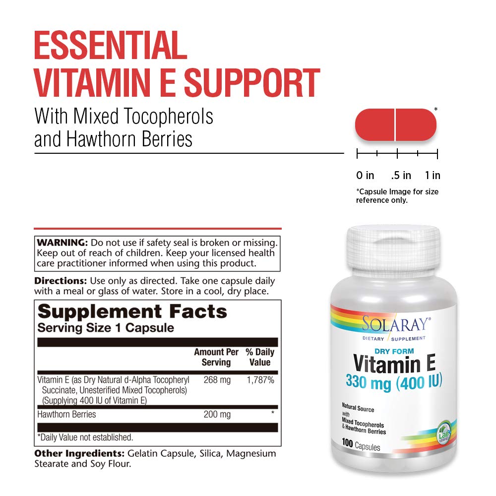 SOLARAY Dry Vitamin E with Hawthorn Berries 330mg (400IU) | Heart &amp; Skin Health, Antioxidant Support, 100ct - Supplement Facts panel