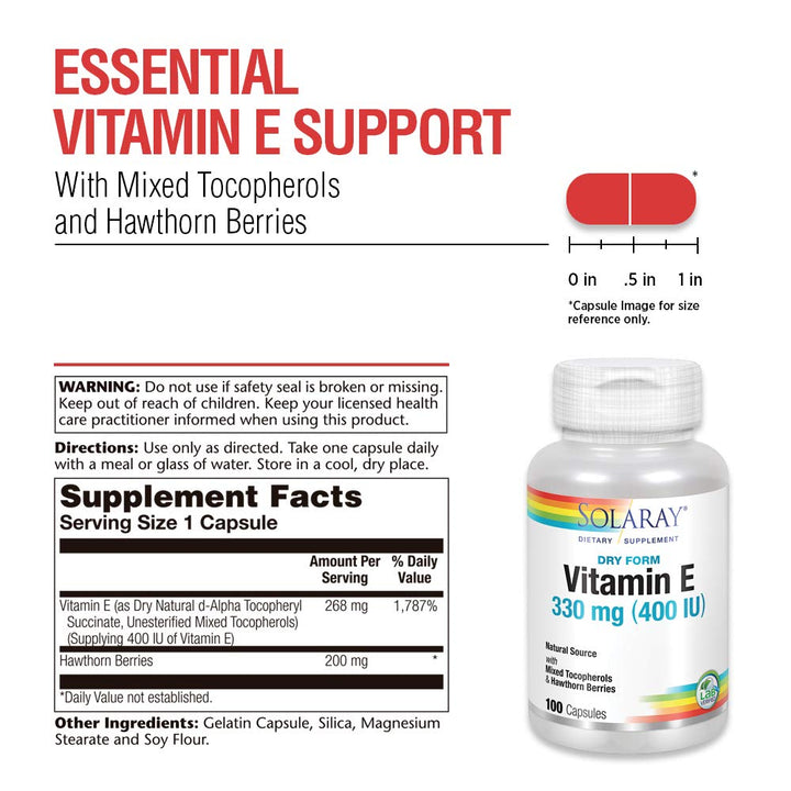 SOLARAY Dry Vitamin E with Hawthorn Berries 330mg (400IU) | Heart &amp; Skin Health, Antioxidant Support, 100ct - Supplement Facts panel