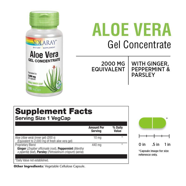 Solaray Aloe Vera Gel Concentrate - Antioxidant Support &amp; Digestive Health - 2000 mg Equivalent - 100 VegCaps - Supplement Facts panel