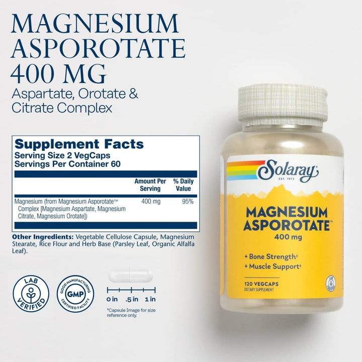 Solaray Magnesium Asporotate 400 mg, Aspartate, Orotate &amp; Citrate Complex, Healthy Heart, Muscle, Nerve &amp; Circulatory Function Support 180ct (60 Servings, 120 VegCaps) - Supplement Facts panel