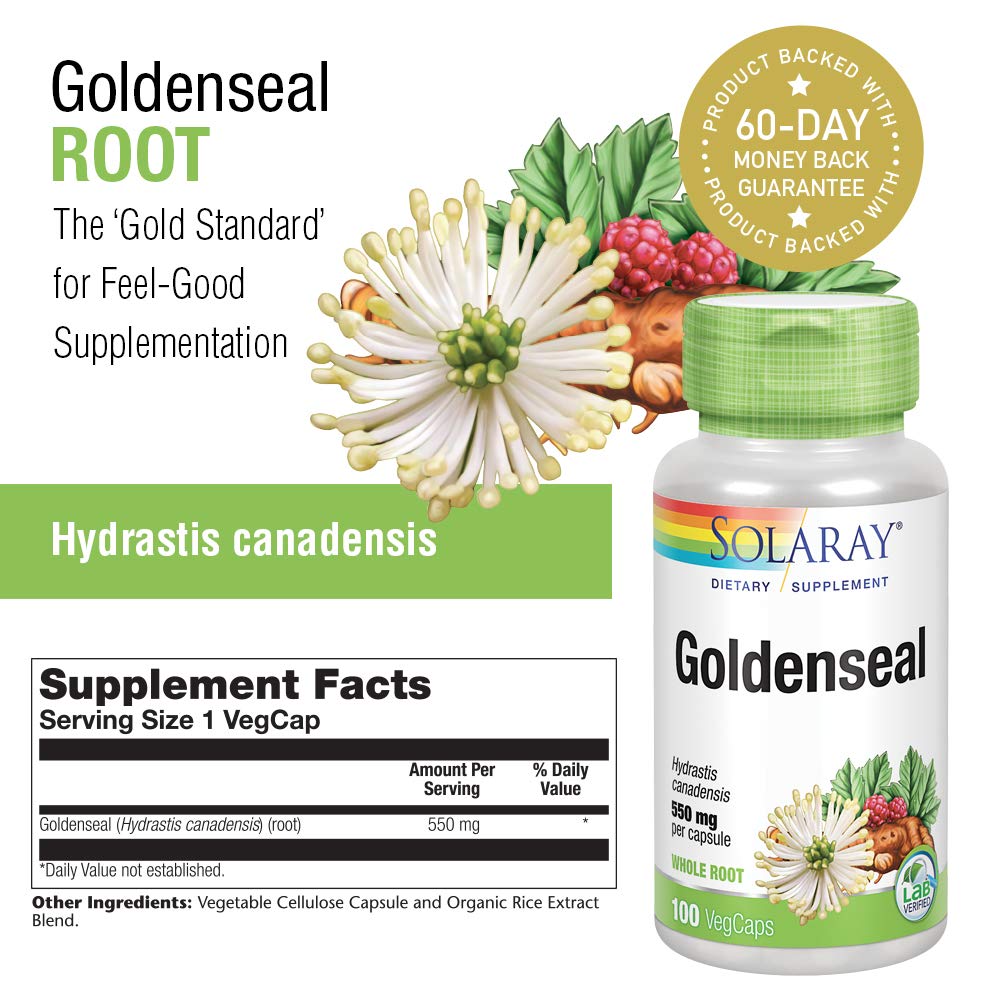 SOLARAY Goldenseal Root - Digestion, Immune &amp; Respiratory Support - 100 VegCaps - Supplement Facts panel