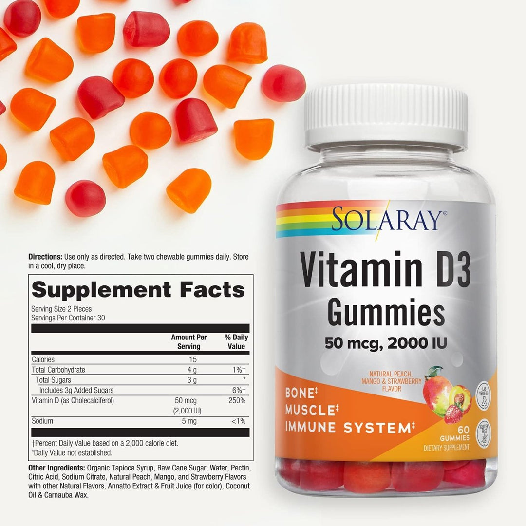 SOLARAY Vitamin D3 Gummies 50 mcg, 2000 IU | Healthy Bone, Muscle &amp; Immune System Support | Gluten Free | 30 Serv, 60 Ct  67229 - Supplement Facts panel