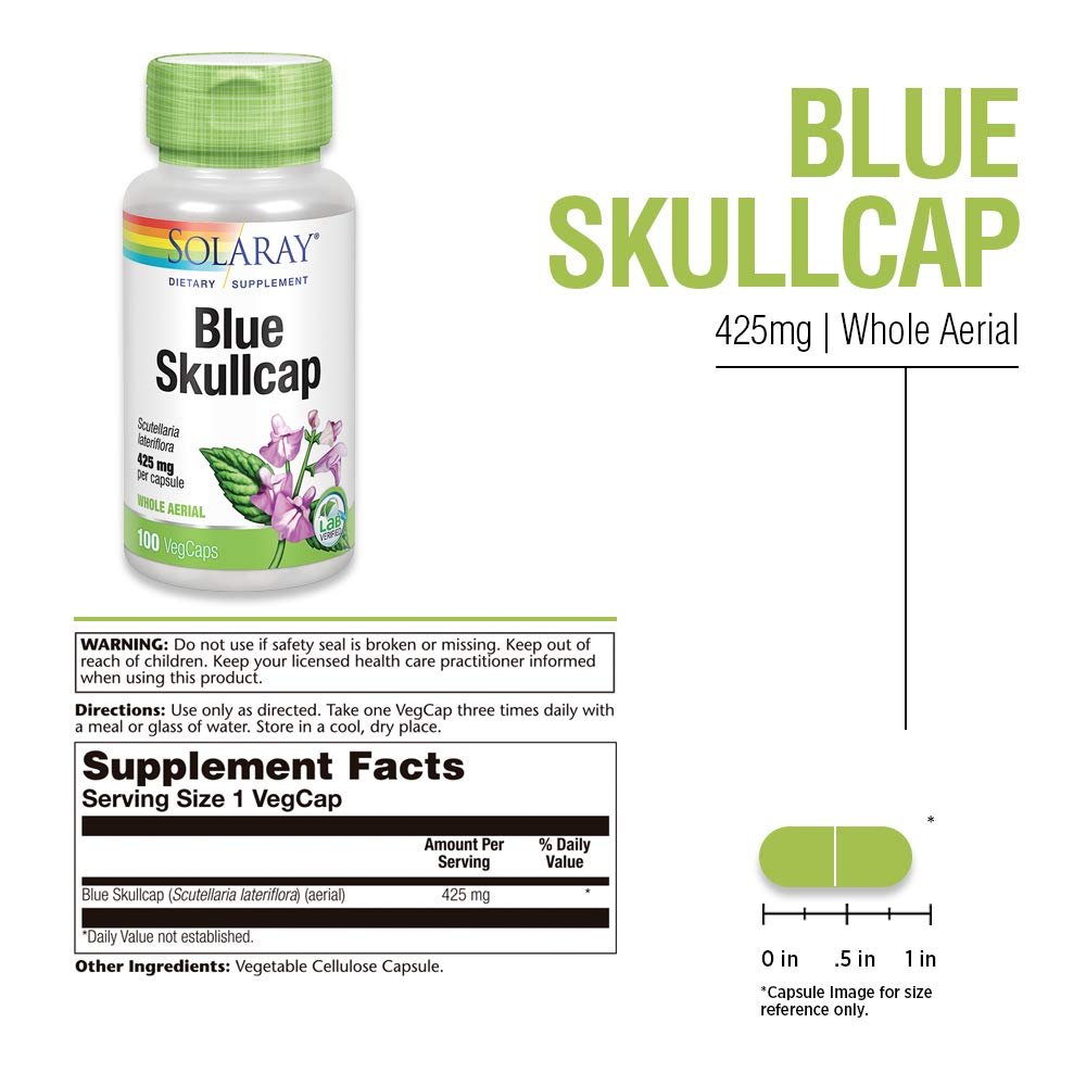 Solaray Blue Skullcap 425mg | Whole Aerial | Healthy Mood and Normal GABA Activity Support | Vegan | 100 VegCaps - Supplement Facts panel