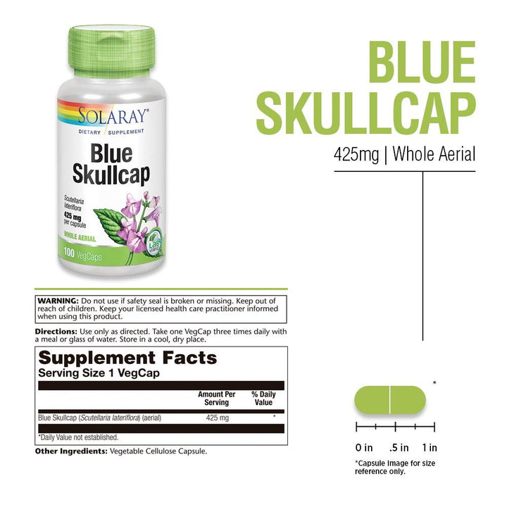Solaray Blue Skullcap 425mg | Whole Aerial | Healthy Mood and Normal GABA Activity Support | Vegan | 100 VegCaps - Supplement Facts panel