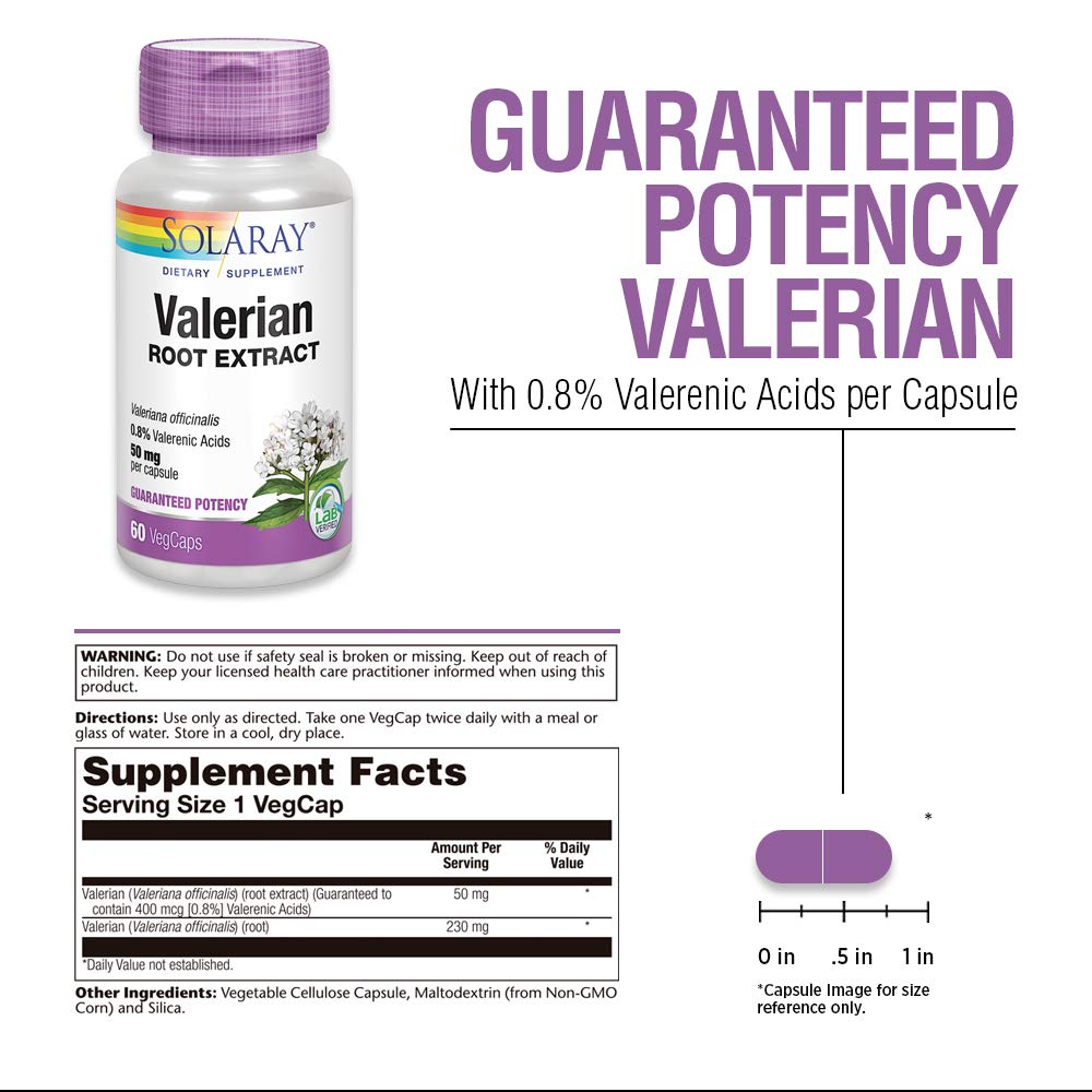 SOLARAY Valerian Root Extract 50 mg | Relaxation Support for a Healthy Sleep Cycle | 0.8% Valerenic Acids | 60 CT - Supplement Facts panel