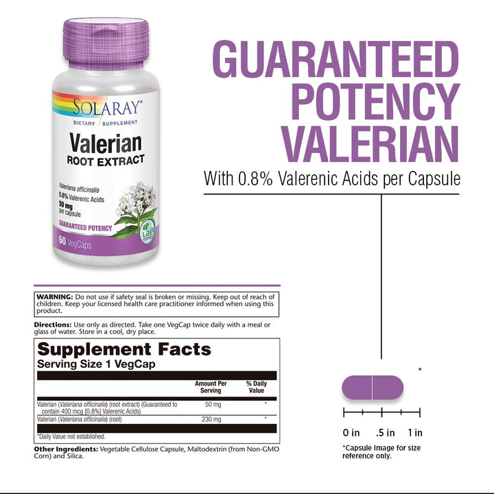 SOLARAY Valerian Root Extract 50 mg | Relaxation Support for a Healthy Sleep Cycle | 0.8% Valerenic Acids | 60 CT - Supplement Facts panel