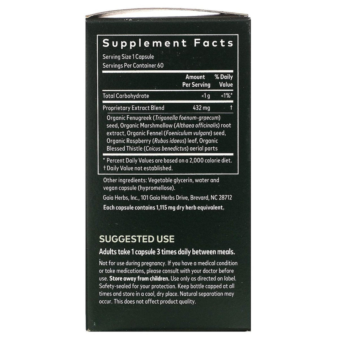 Gaia Herbs, Lactation Support Phyto, 60 Veggie Capsules - Supplement Facts panel