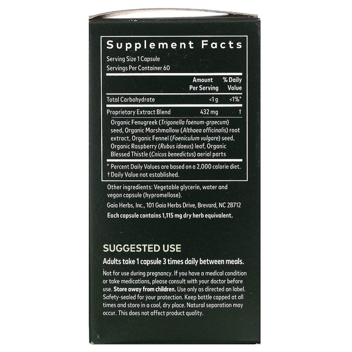 Gaia Herbs, Lactation Support Phyto, 60 Veggie Capsules - Supplement Facts panel