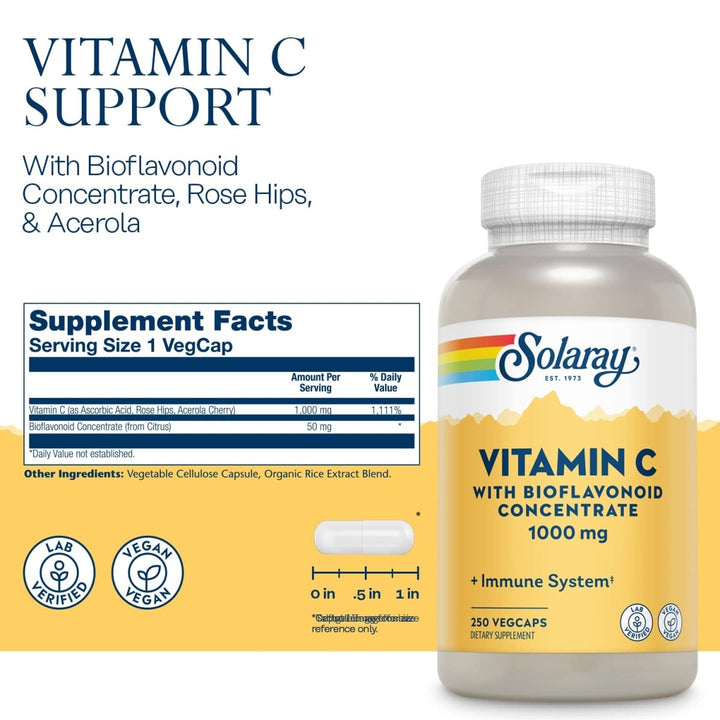 SOLARAY Vitamin C w/Rose Hips, Acerola &amp; Bioflavonoids, 1000mg, Supports Immune Function &amp; Healthier Skin, Hair, Nails, Non-GMO, Vegan, 250 CT - Supplement Facts panel