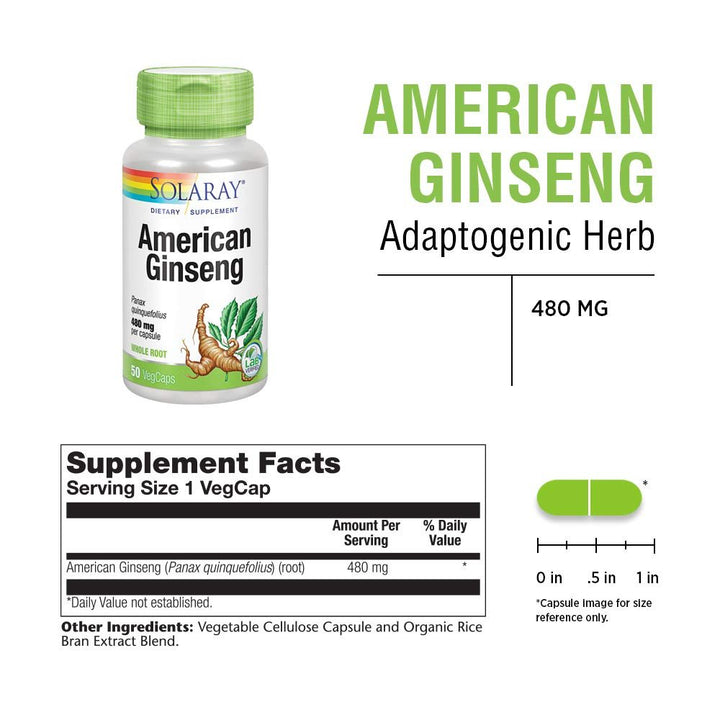 SOLARAY American Ginseng 480 mg | Adaptogenic Herb | Healthy Stress, Energy &amp; Physical Endurance Support | 50 VegCaps - Supplement Facts panel