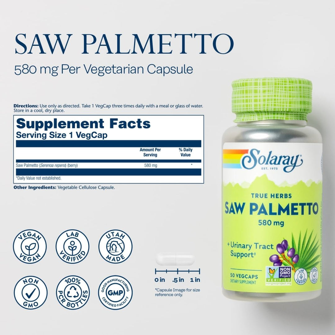 SOLARAY Saw Palmetto Berry 580 mg, Healthy Prostate and Urinary Tract Support from Fatty Acids &amp; Plant Sterols for Men and Women, Non-GMO, Vegan &amp; Lab Verified, 50 VegCaps, 50 Servings - Supplement Facts panel