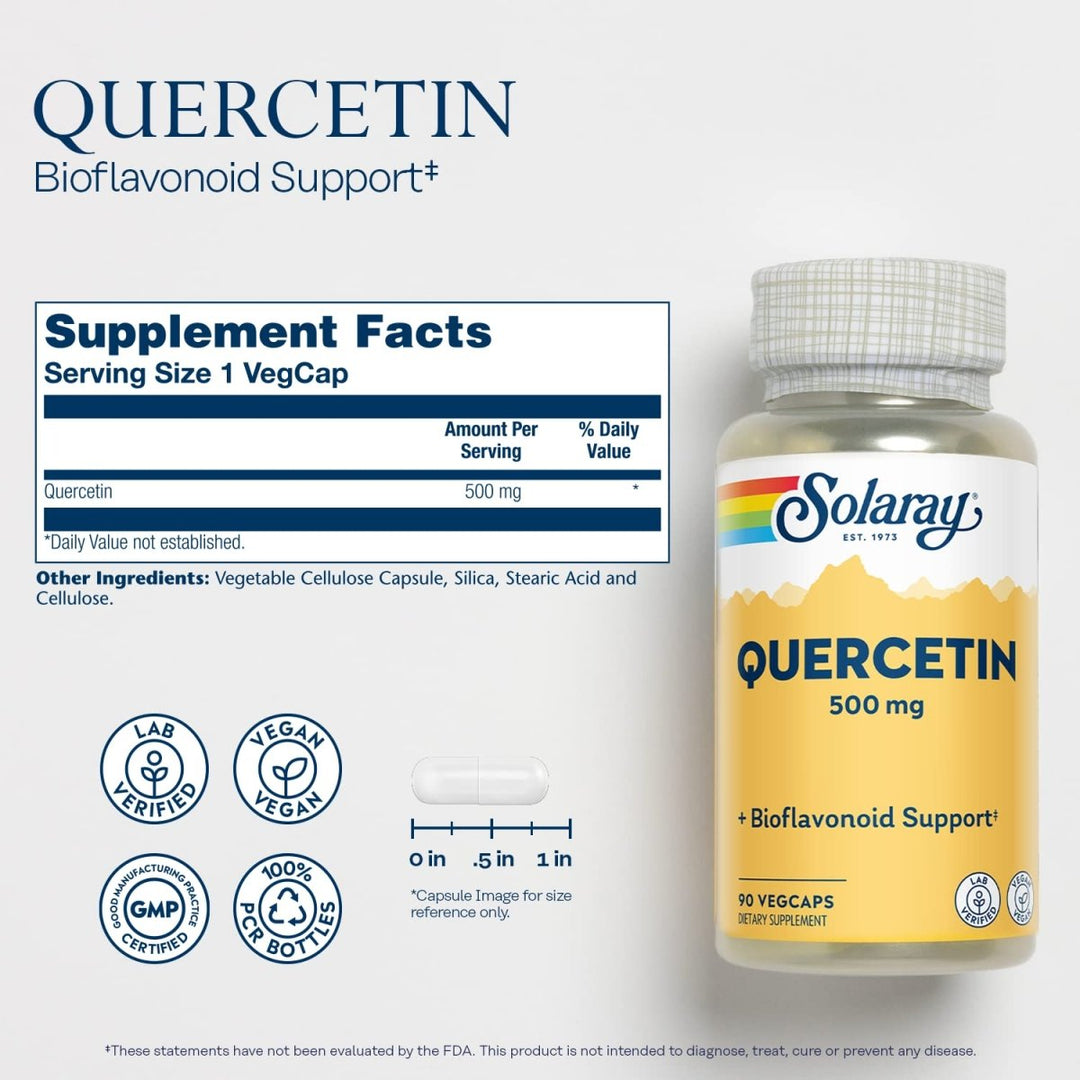 SOLARAY Quercetin 500 mg, Supports Sinus, Respiratory, Immune Function &amp; Normal, Healthy Uric Acid Levels, 90 VegCaps - Supplement Facts panel