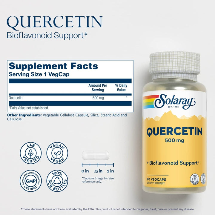 SOLARAY Quercetin 500 mg, Supports Sinus, Respiratory, Immune Function &amp; Normal, Healthy Uric Acid Levels, 90 VegCaps - Supplement Facts panel