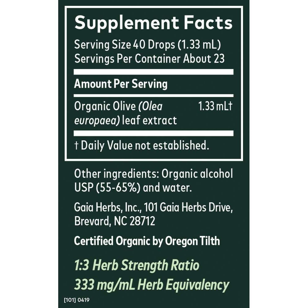 Gaia Herbs Olive Leaf 1 Fl Oz, Liquid Extract - Supplement Facts panel