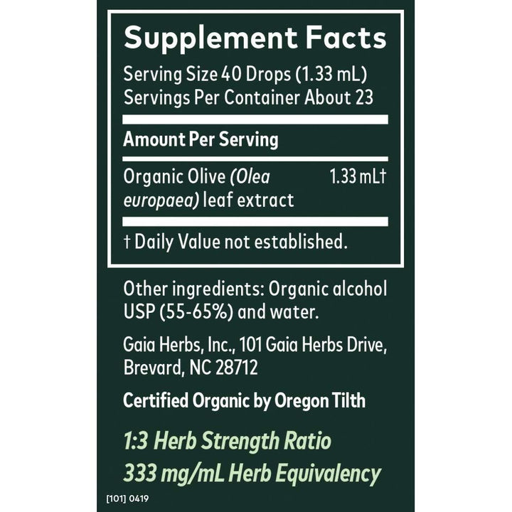 Gaia Herbs Olive Leaf 1 Fl Oz, Liquid Extract - Supplement Facts panel