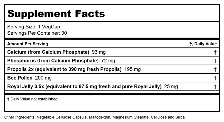 SOLARAY Propolis Plus | Healthy Immune System Support with Propolis, Bee Pollen &amp; Royal Jelly | 90 VegCaps - Supplement Facts panel