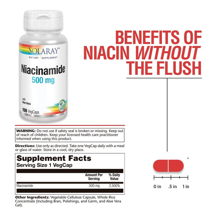 SOLARAY Niacinamide 500 mg | Vitamin B-3 | Energy Metabolism, Circulation, Nerve &amp; Skin Health Support, 100 CT - Supplement Facts panel