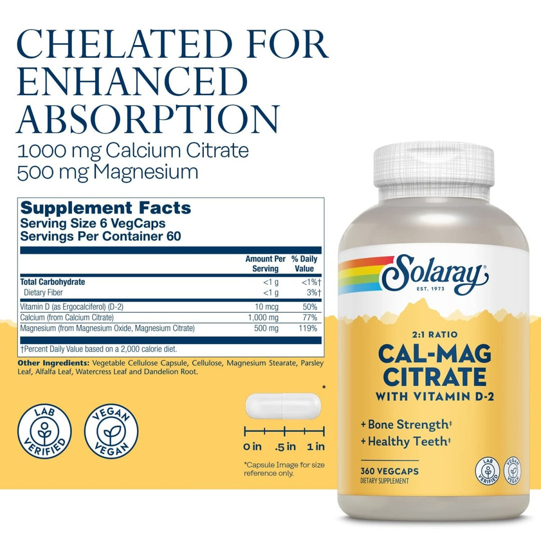 Solaray Calcium Magnesium Citrate 2:1 Ratio with Vitamin D2, Healthy Bone, Muscle &amp; Nerve Support, 60 Serv, 360 VegCaps - Supplement Facts panel