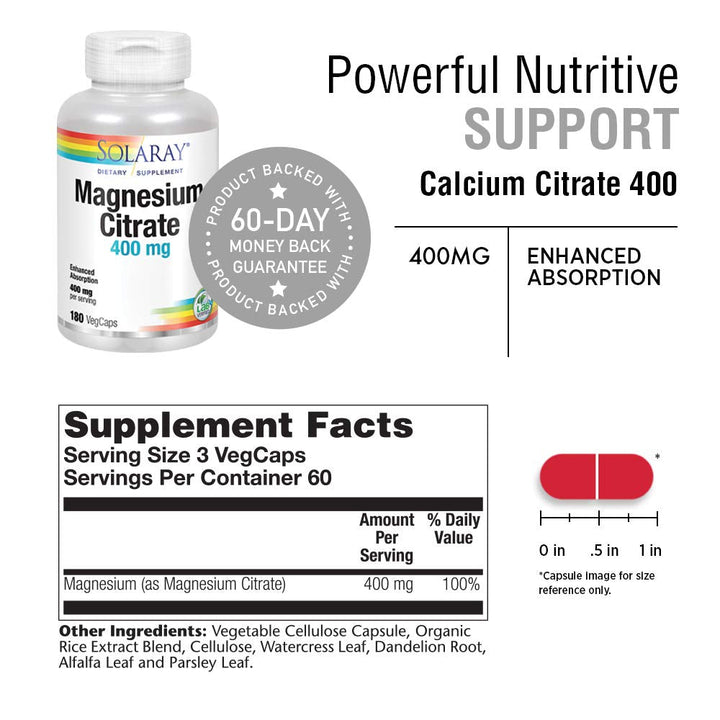 Solaray Magnesium Citrate 400mg - 180 Count - Supplement Facts panel