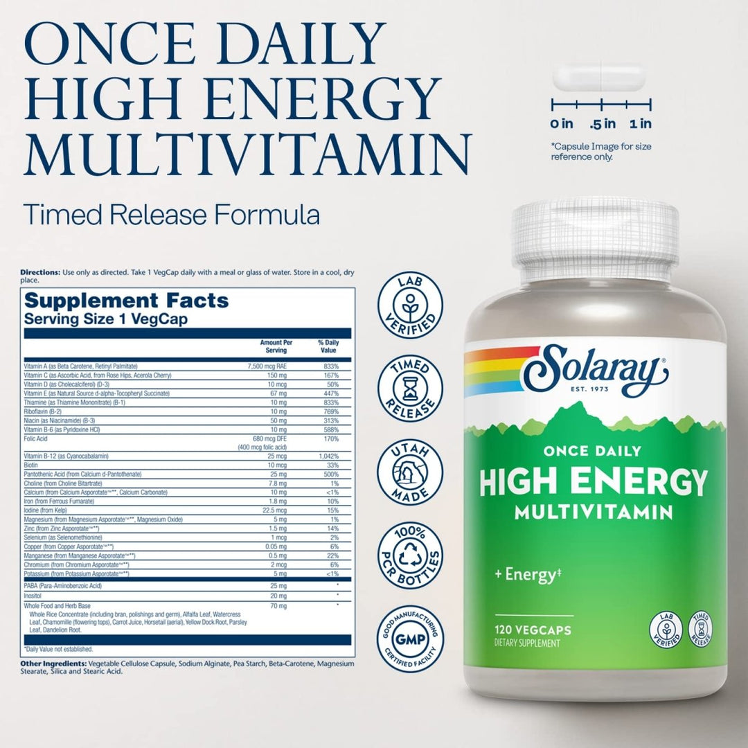 SOLARAY High Energy Multivitamin | Once Daily, Timed-Release Formula | Whole Food &amp; Herb Base | Non-GMO - Supplement Facts panel