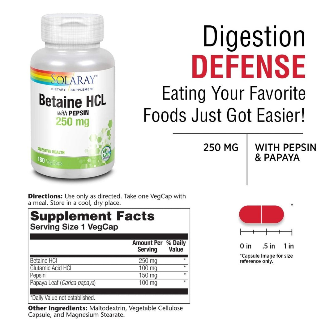 SOLARAY HCL with Pepsin - Digestive Support - 250 MG (180 Capsules)  04816 - Supplement Facts panel