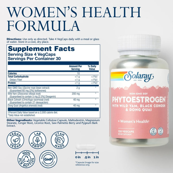 Solaray PhytoEstrogen Menopause Support | Wild Yam, Black Cohosh &amp; Dong Quai for Womens Health (30 Serv, 120 VegCaps) - Supplement Facts panel