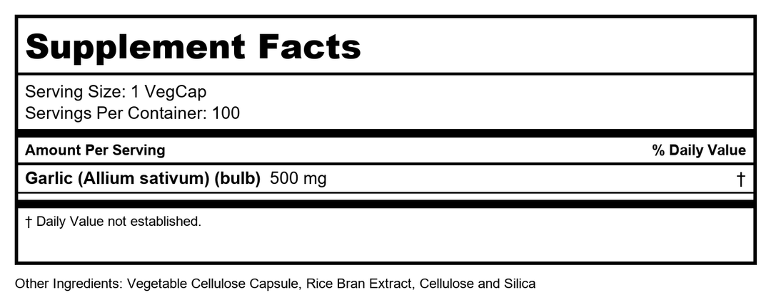 SOLARAY Garlic Bulb 500 mg | Healthy Immune, Circulatory &amp; Cardiovascular Systems Support | Vegan, Non-GMO | 100 VegCaps - Supplement Facts panel
