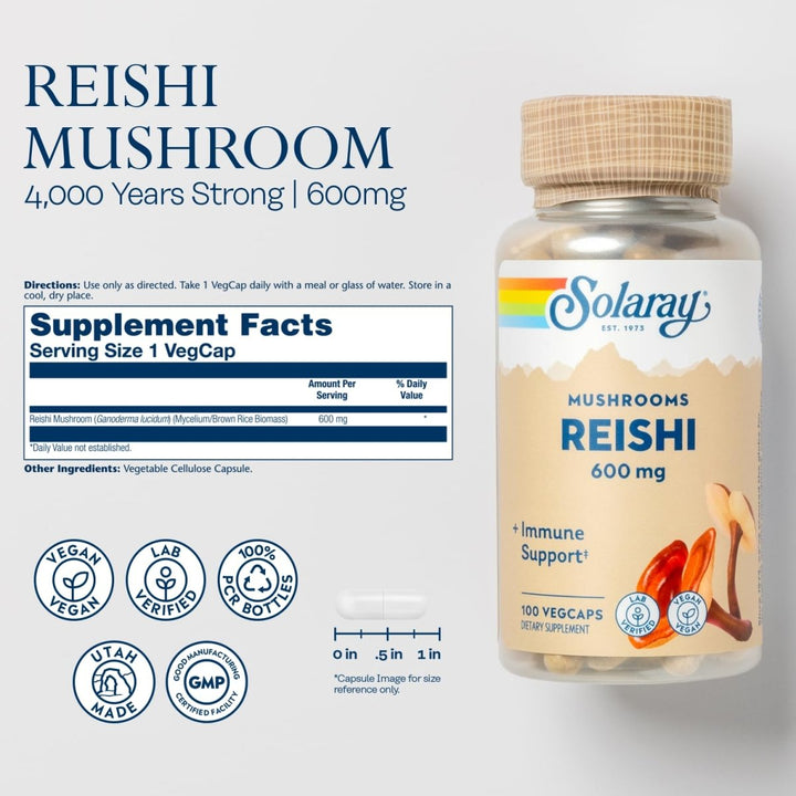 SOLARAY Reishi Mushroom 600mg - Reishi Mushroom Capsules for Immune Support - Vegan, Lab Verified - 60-Day Money-Back Guarantee - 100 Servings, 100 VegCaps - Supplement Facts panel
