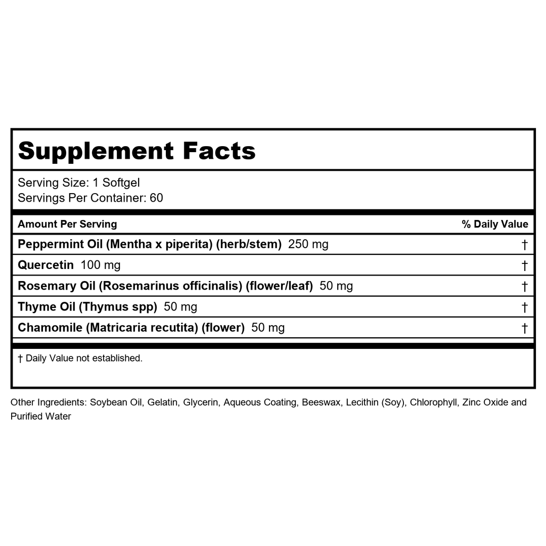 Solaray Peppermint Oil Enteric Coated w/Rosemary &amp; Thyme Oil | Healthy, Soothing Digestion Support | 60 Softgels - Supplement Facts panel