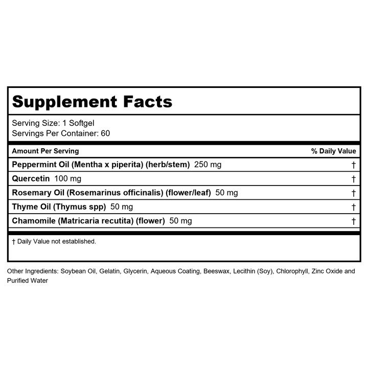 Solaray Peppermint Oil Enteric Coated w/Rosemary &amp; Thyme Oil | Healthy, Soothing Digestion Support | 60 Softgels - Supplement Facts panel