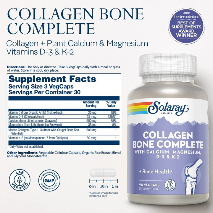 SOLARAY Collagen Bone Complete | Advanced Bone Matrix Formula with Plant Calcium &amp; Magnesium | 30 Servings | 90 VegCaps - Supplement Facts panel