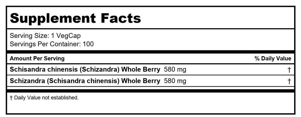 Solaray - Schizandra, 580 mg, 100 capsules - Supplement Facts panel