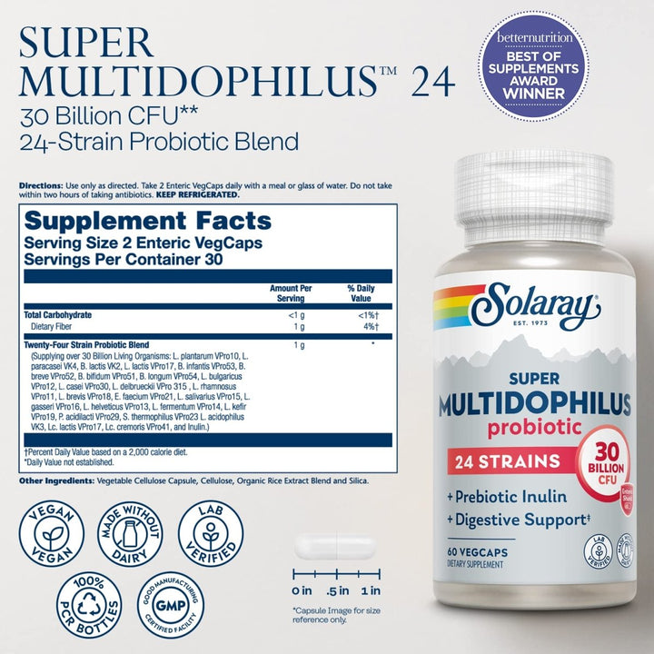 SOLARAY Super Multidophilus 24 Strain Probiotic | 30 Billion CFU | Healthy Gut Support | 30 Serv | 60 Enteric VegCaps - Supplement Facts panel
