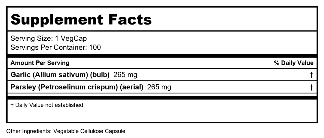 SOLARAY Garlic Bulb &amp; Parsley Leaf 530mg | Healthy Cardiovascular and Immune System Function Support | Non-GMO, Vegan &amp; Lab Verified | 100 VegCaps - Supplement Facts panel
