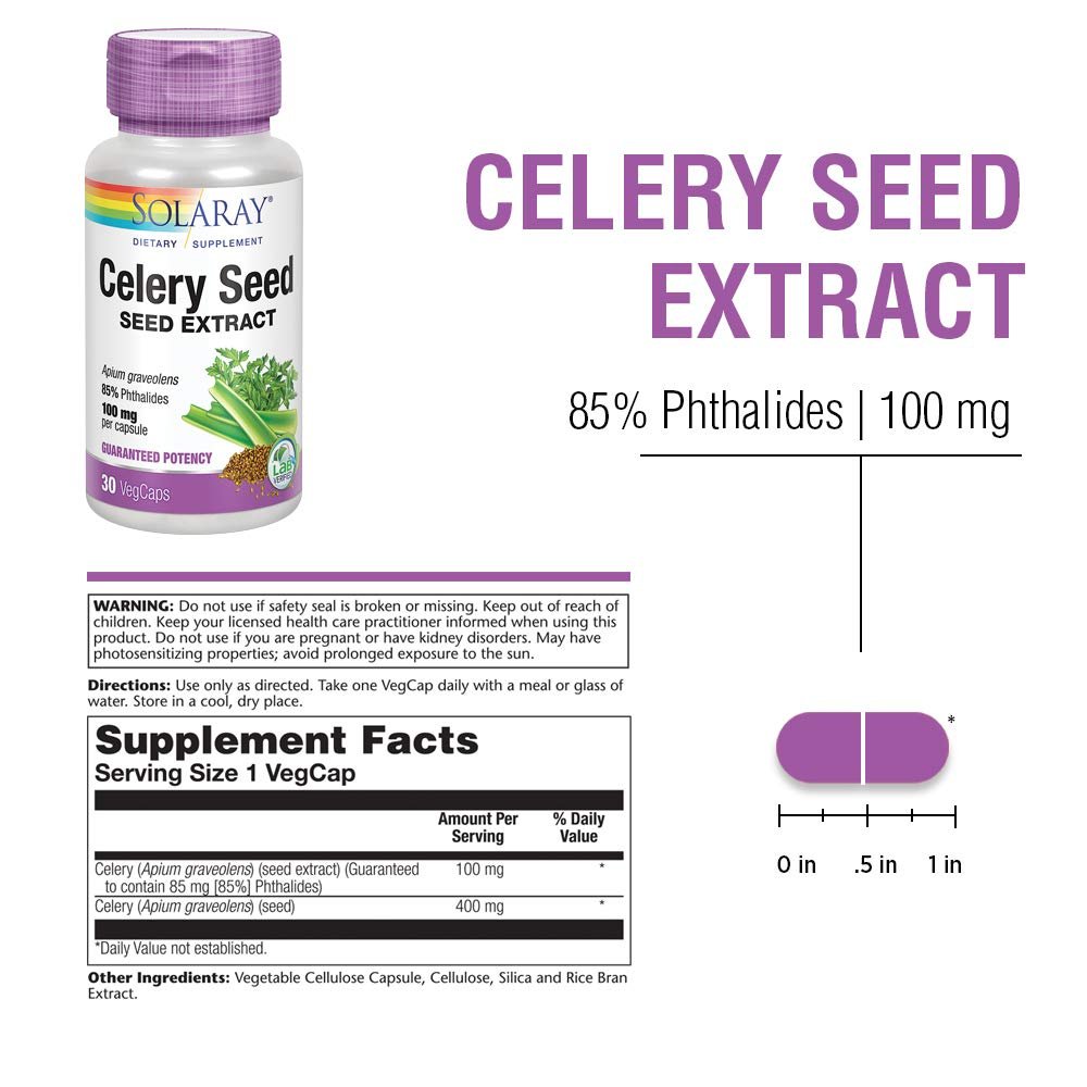SOLARAY Celery Seed Extract 100 mg | 85% Phthalides | Overall Joint Health Support | Non-GMO, Vegan | 30 VegCaps - Supplement Facts panel