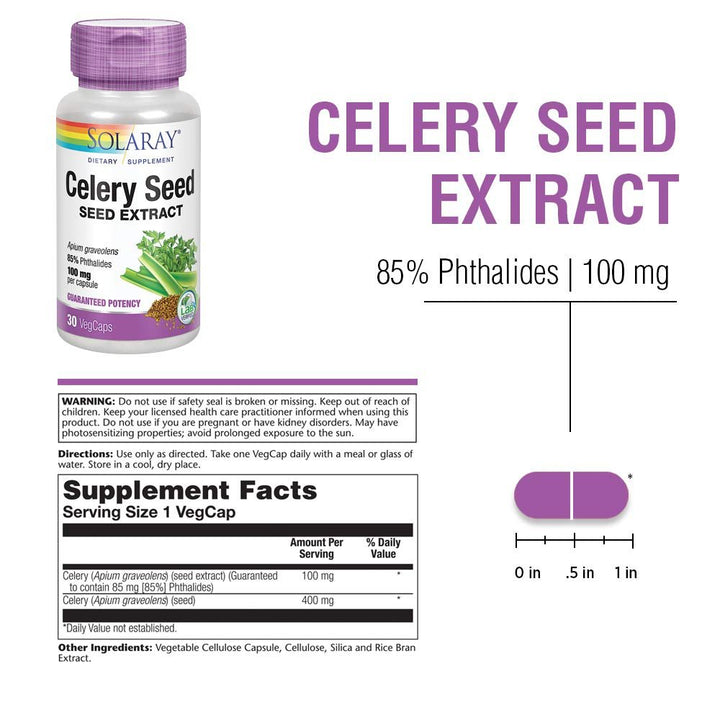 SOLARAY Celery Seed Extract 100 mg | 85% Phthalides | Overall Joint Health Support | Non-GMO, Vegan | 30 VegCaps - Supplement Facts panel