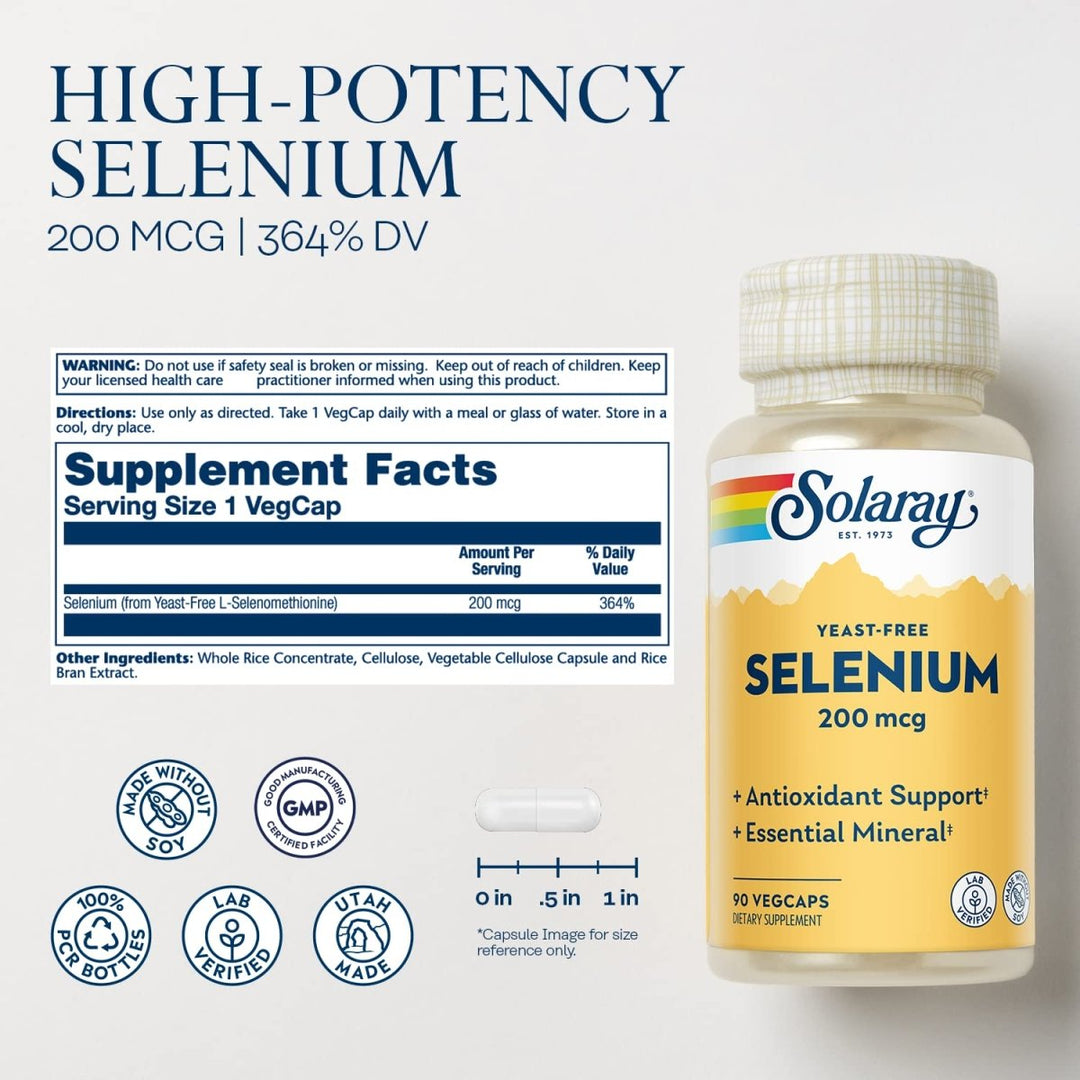 Solaray Yeast Free Selenium 200mcg, Healthy Immune System &amp; Thyroid Function Support, High Absorption, Vegan, 90 VegCaps - Supplement Facts panel