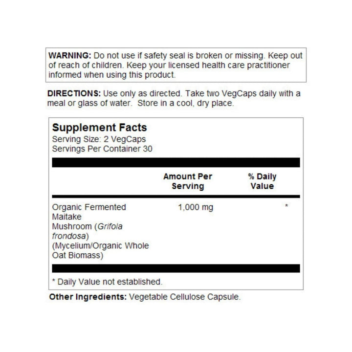 SOLARAY Maitake Mushroom, 60 VegCaps - Supplement Facts panel