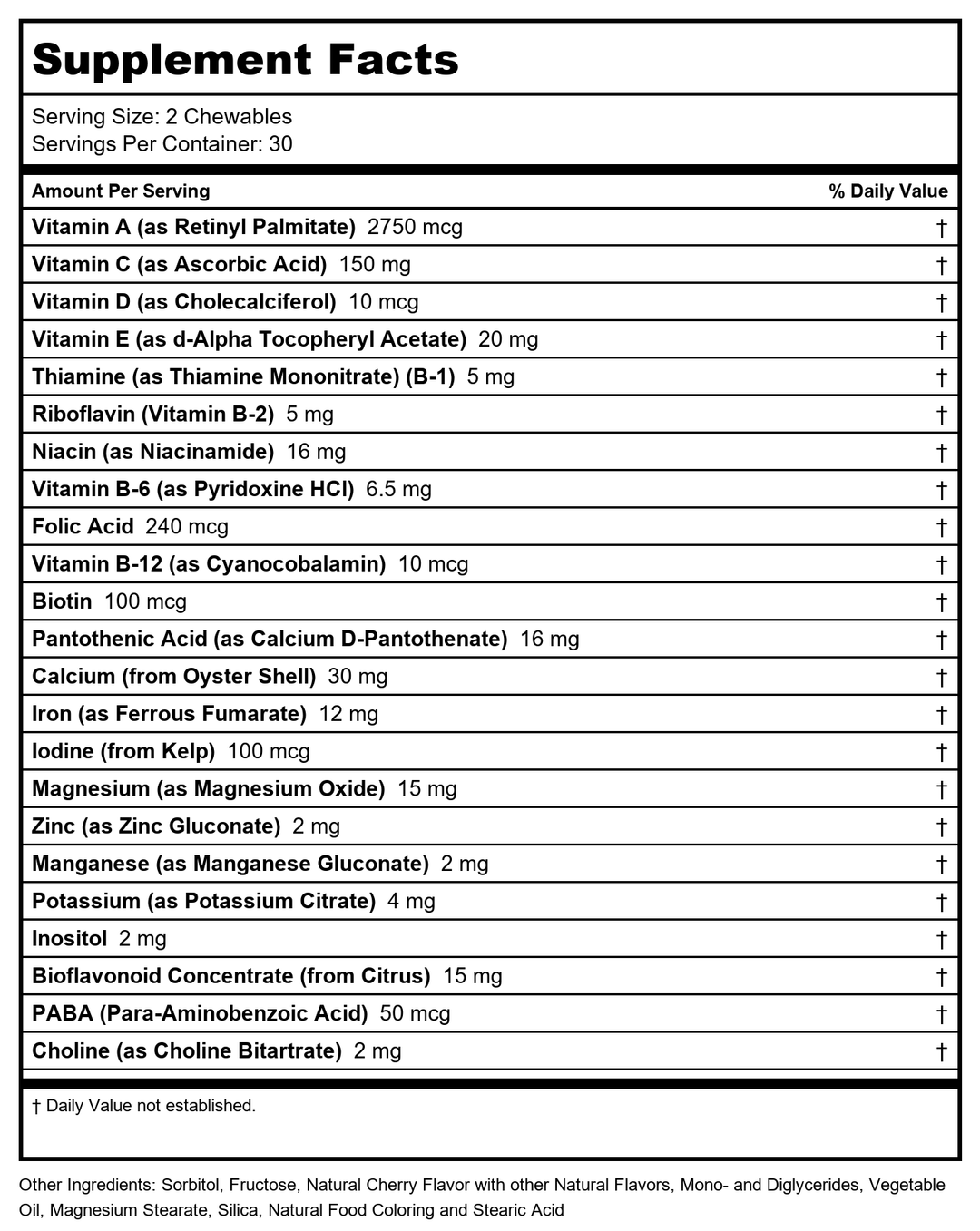 Solaray Childrens Vitamins &amp; Minerals Complete Multivitamin for Kids Great Black Cherry Flavor (076280047974) (60 Chews, 30 Serv) - Supplement Facts panel