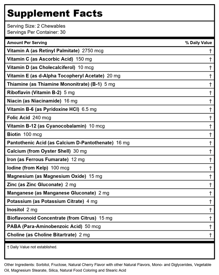 Solaray Childrens Vitamins &amp; Minerals Complete Multivitamin for Kids Great Black Cherry Flavor (076280047974) (60 Chews, 30 Serv) - Supplement Facts panel