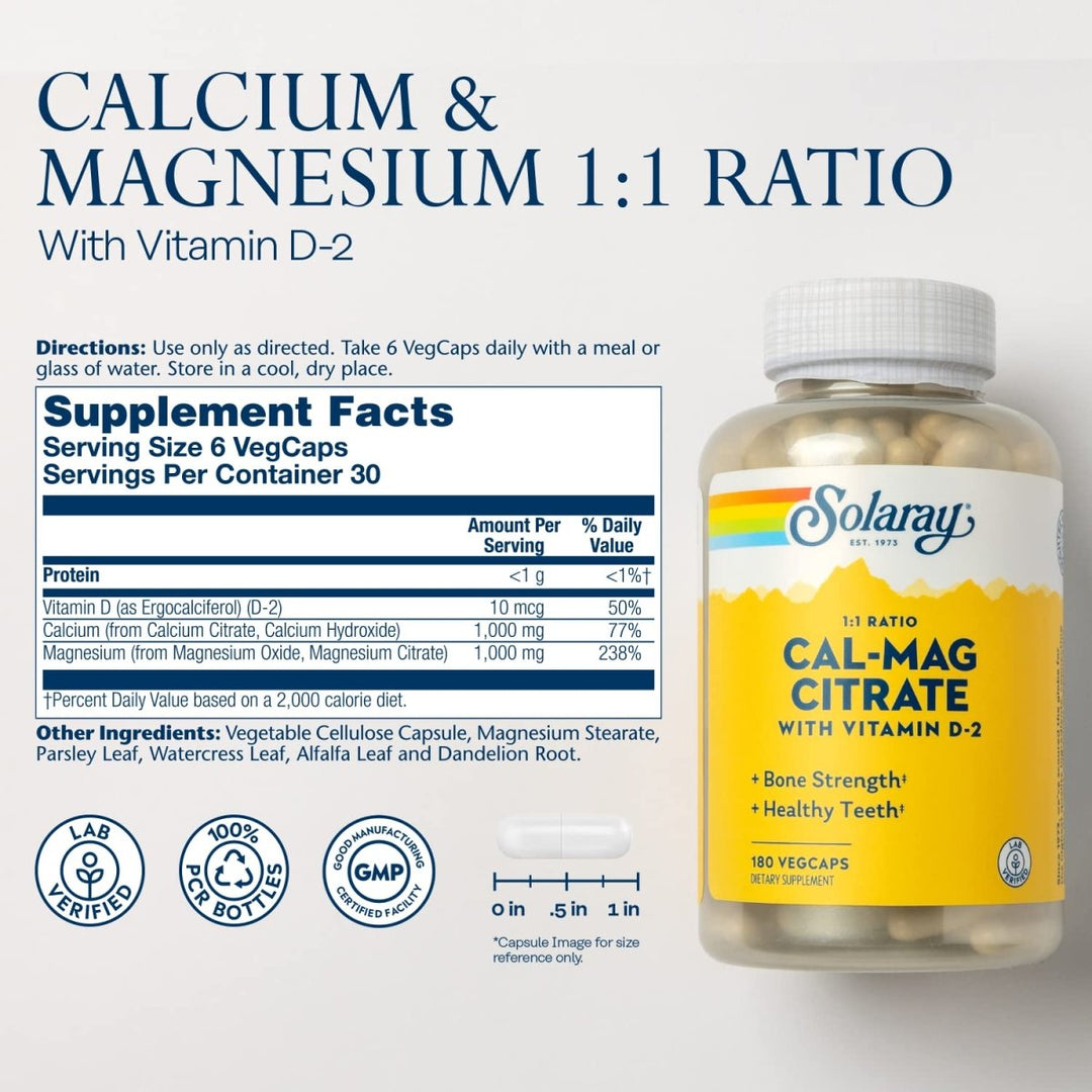 SOLARAY Calcium &amp; Magnesium Citrate with Vitamin D-2, 1:1 Ratio for Healthy Bones, Teeth, Muscle &amp; Nervous System Function High Absorption 180 Count - Supplement Facts panel