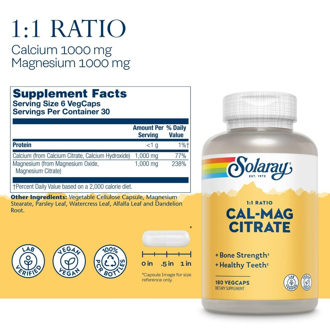 Solaray Calcium Magnesium Citrate 1:1 Ratio, Healthy Bones, Teeth, Muscle &amp; Nervous System Support, 30 Serv, 180 VegCaps - Supplement Facts panel