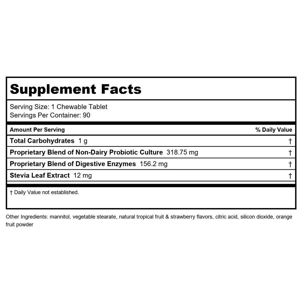 DAVINCI Laboratories Non-Dairy Mega Probiotic with Digestive Enzymes, 90 Chewable Tablets, Orange Flavor - Contains Amylase, Bromelain, Lactase, Lipase, Protease and Cellulose - Supplement Facts panel