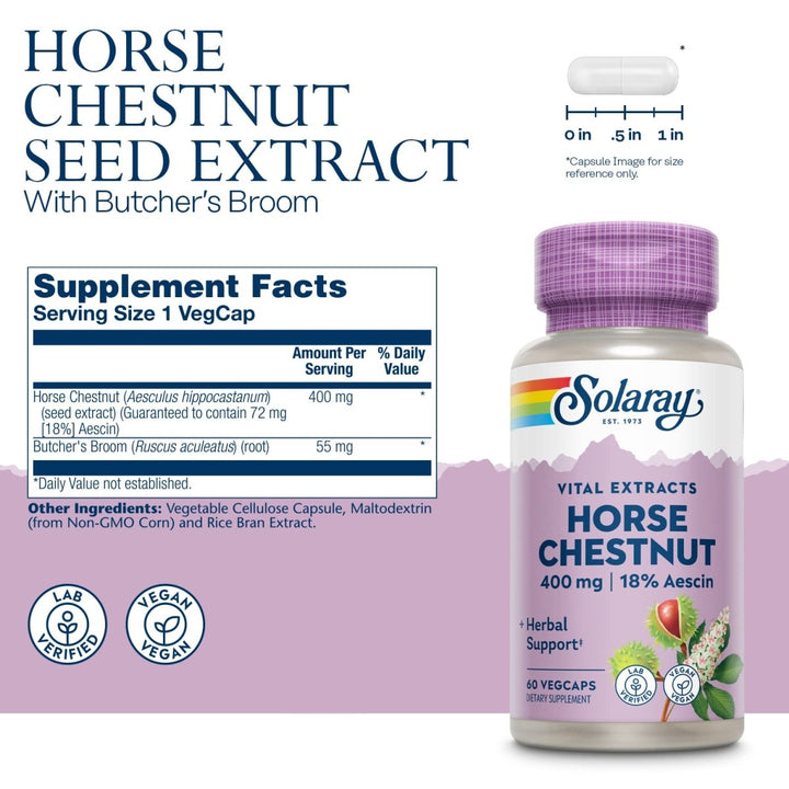 Solaray Horse Chestnut Seed Extract 400mg 72mg of Aescin Per Capsule Leg Vein Health, Blood Vessel Integrity &amp; Health Circulation Support 60ct - Supplement Facts panel