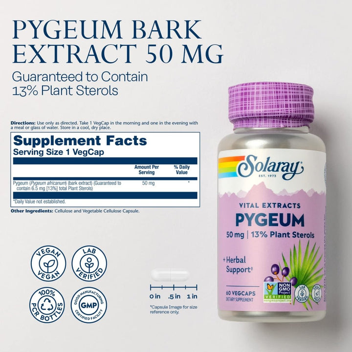 Solaray Pygeum Bark Extract 50mg Healthy Prostate Support Guaranteed to Contain 6.5mg Total Plant Sterols Non-GMO 60 VegCaps - Supplement Facts panel